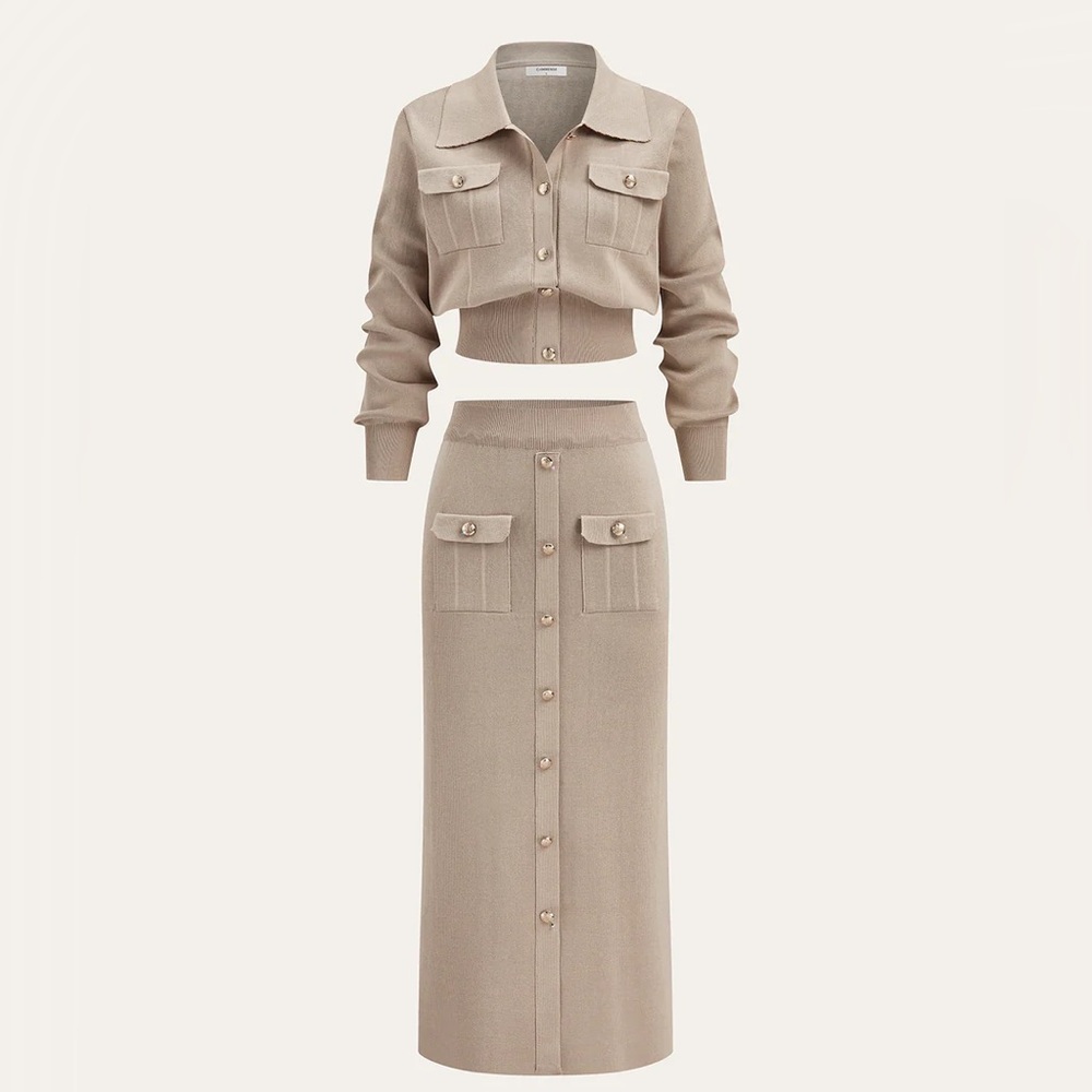 Commense Metal Button Collared Cardigan and Midi Skirt Set